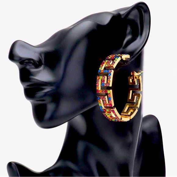 Designer Gold Rhinestone Embellished Greek Key Patterned Hoop Statement … - Picture 1 of 1